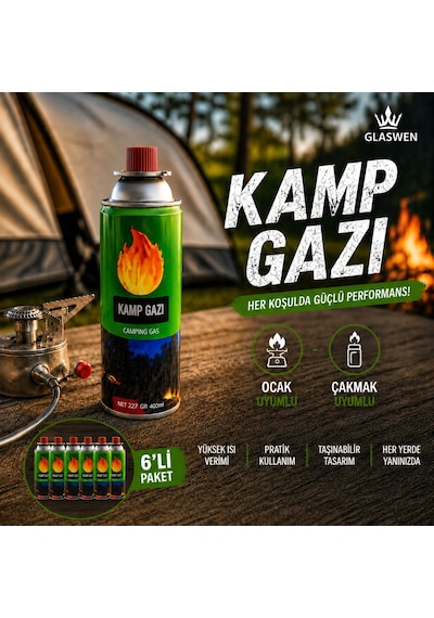 6 Adet Kamp Gazı Gaz Tüpü Portatif Ocak Kartuşu Tek Kullanımlık Pürmüz 400 Ml 227 Gr Yeşil