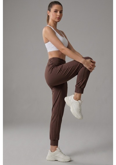 Genius Store Kadın Eşofman Yüksek Bel Jogger Scuba Kumaş Cepli Rahat Kesim Jogger Eşofman Altı Kahverengi