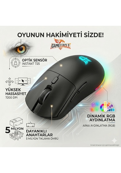 Rgb Gaming Kablolu Mouse Siyah 7200 Dpı Yüksek Hassasiyetli Makrolu Ergonomik Örgü Kablo Diğer
