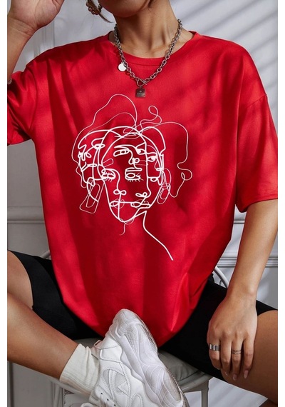 Flood Of Style Unisex Woman One Line Baskılı T-shirt Kırmızı