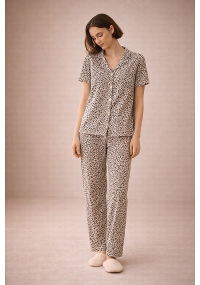 Nisanca Vizon Leopar Desenli Kısa Kollu Yazlık Pijama Takımı Leopar