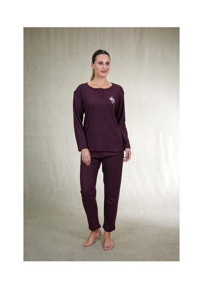 Estiva Kadın Nakış İşlemeli Patlı İnterlok Şardonlu Pijama Takımı Bordo