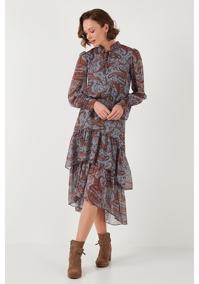 Lela Regular Fit Yaka Detaylı Volanlı Şifon Midi Bayan Elbise 611El1448 Mavi