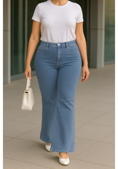 Cedy Denim Cedy Denım - Kadın Büyük Beden İspanyol Paça Yüksek Bel Skinny Fit Likralı Pantolon C628 Buz Mavisi