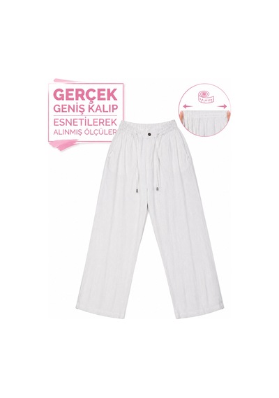 Büyük Beden Beli Lastikli Simli Bağcıklı Mom Kadın Pantolon Beyaz