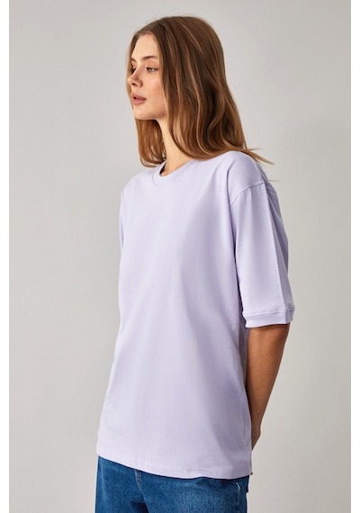 Grımelange Jemmy  Kadın %100 Organik Pamuk Relaxed Fit Yırtmaçlı Yuvarlak Yakalı Lila T-Shirt