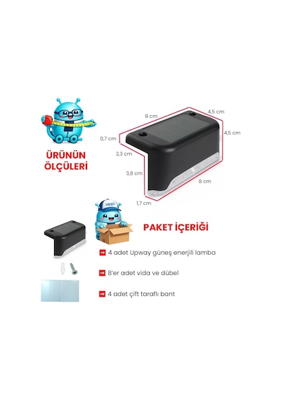 Upway 4 Lü Güneş Enerjili Merdiven Ve Bahçe Duvar Lambası Ip45 Su Geçirmez Led Aydınlatma