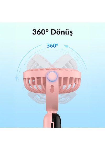 Warmco K70 Taşınabilir Şarjlı El Vantilatörü 2400mah 360 Döner Başlıklı Ve Standlı Dijital Ekranlı Soğutucu Fan Pembe