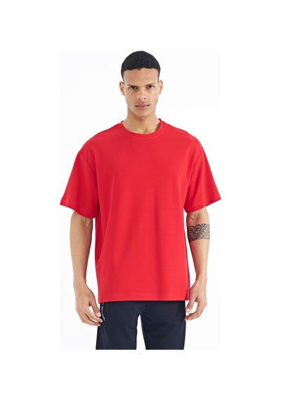 Tommy Life T11er-88193 Erkek Kol Arma Detaylı Basic Oversize T-shirt T11ER-88193-R0766 Kırmızı