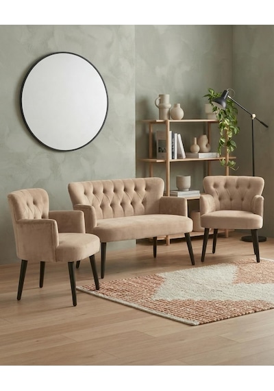 Roma Çay Seti Koltuk Takımı 2+1+1 Babyface Kumaş Ahşap Siyah Ayak Balkon Ve Bekleme Takımı - Cappuccino Bej
