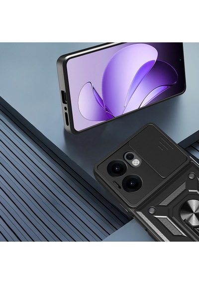 Oppo Reno 13f 5g Kılıf Magnetik Standlı Kamera Korumalı Zore Sürgülü Vega Kapak Mavi