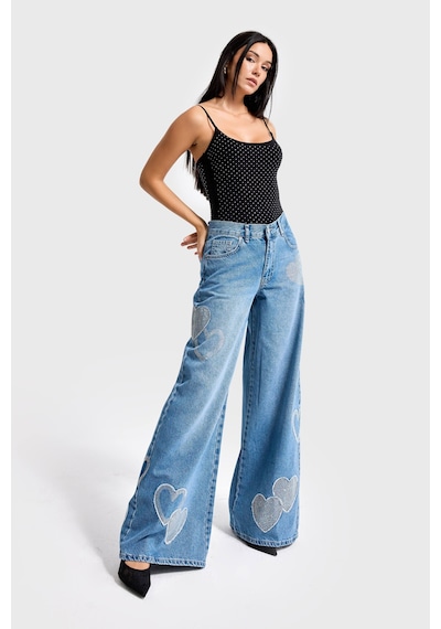 it's basic Kadın Kot Rengi 2s54 Parlak Taşlı Kalp Detaylı Bol Kesim Tasarım Denim Jean Mavi
