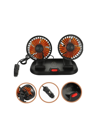 Araç İçi Vantilatör 360 Dönebilen Torpido Üstü Çift Başlıklı Vantilatör 12v Uyumlu Çakmaklık Girişli Soğutucu Fan