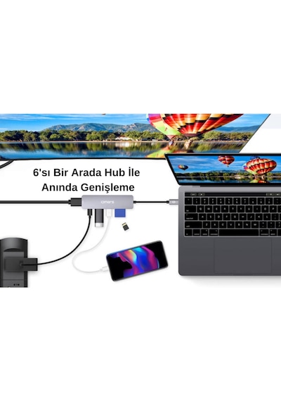 Omars 6 OMHUBSG2U6PLX-1 Port Type-C Usb 3.1 Pd 4K HDMI SD/TF Kart Uyumlu Hub Dönüştürücü Adaptör