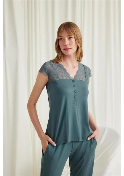 Ang Butik Kadın Yakası Kolu Ve Omzu Dantelli Önü Düğmeli Pijama Takımı Yeşil