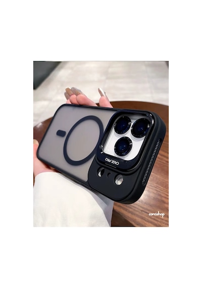 İphone 17 Uyumlu Kılıf Açılır Kamera Stand Magsafeli Mat Renkli Şeffaf + Lens Koruyucu Set Siyah