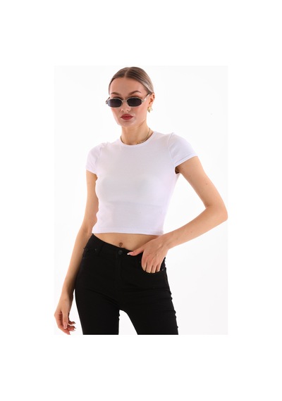 Loısy Kadın Likralı Kısa Kol Crop Bluz BEYAZ
