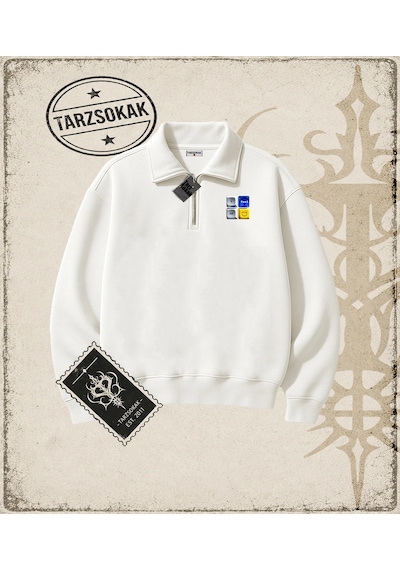 Tarzsokak Gotik & Grunge Streetwear Keycap 1 Yarım Fermuarlı Sweatshirt Beyaz