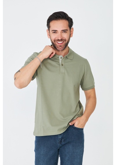 Haki Çift Düğmeli Klasik Polo Yaka T-shirt