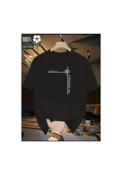 Medinenur Conquer All Yazı Baskılı Basic T-shirt Siyah