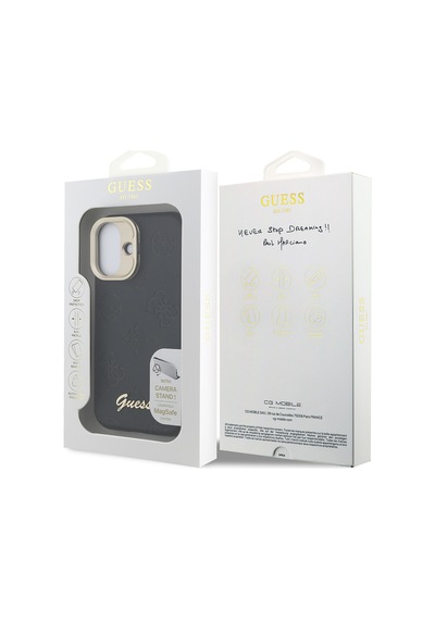 Apple Uyumlu iPhone 16 Kılıf Guess Lisanslı M safe Şarj Özellikli Kamera Standlı Pu Deri Peony Kapak Siyah