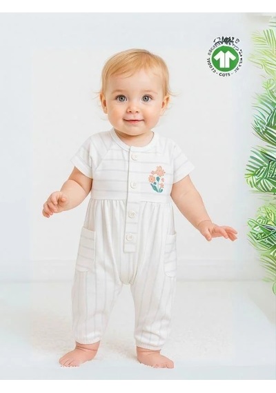 Zekids Kız Bebek Organik Pamuklu Çizgili Kısa Kol Paçası Lastikli Tulum-15917 Beyaz