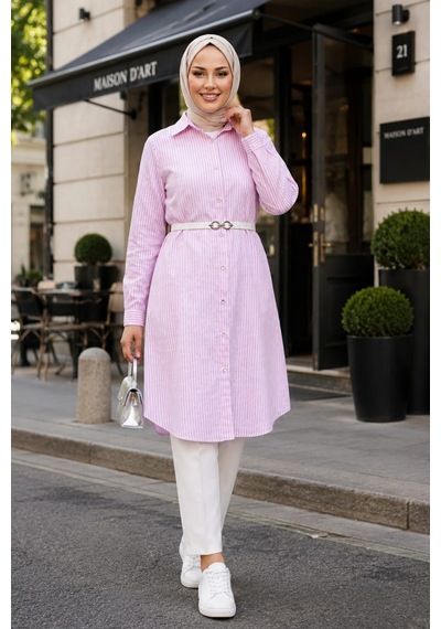 Hb Harma Time Butik Kadın Çizgi Desenli Kemerli Keten Pembe Gömlek Pembe Pembe