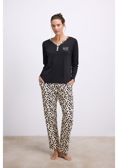 Man11549-1002 Anil Ev Giyim Anıl Kadın Uzun Kollu T-shirt Ve Pantolon Pijama Takımı %100 Pamuk, Leopar Desen Detaylı 11549 Siyah