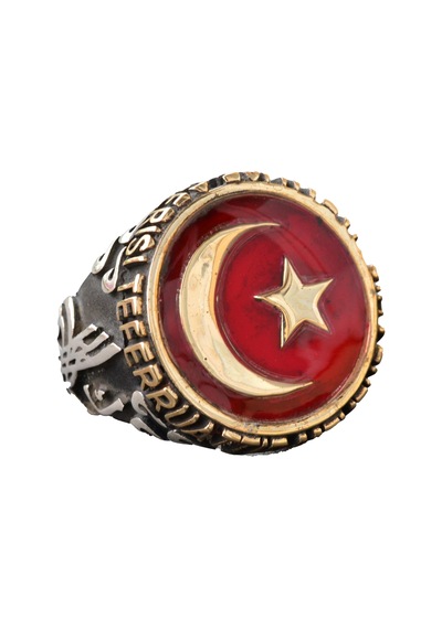 Erkek Gümüş Yüzük - Kırmızı Hilal Ve Yıldız Tasarımı, Türk Bayragı Yüzük Gümüş
