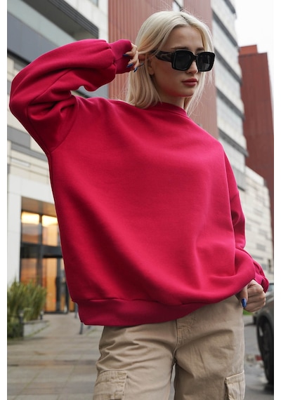 Madmext Madmext MG1559 Bisiklet Yaka Basic Kadın Sweatshirt - Fuşya