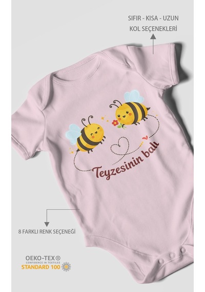 Morivokids Teyzesinin Balı Kısa Kollu Bebek Body %100 Pamuk Bebe Pembe