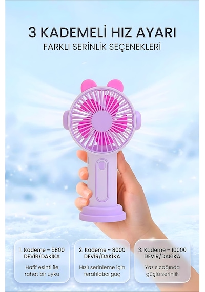 Şarjlı Taşınabilir Sevimli Kulak Tasarımlı Mini Fan 3 Kademeli Hız Telefon Standlı Vantilatör Mor