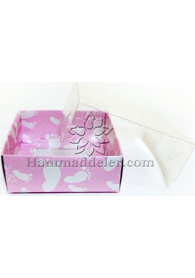 Pembe Ayak İzi Asetat Kutu 8x8x3 Cm 10 Adet