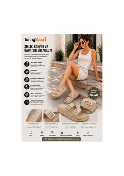 Tonny Step Dubai 7 Hafif Şık Tek Parça Ortopedik Plaj & Günlük Terliği Kare Tokalı - Bej Tonny Step Dubai 7 Hafif Şık Tek Parça Ortopedik Plaj & Günlük Terliği Kare Tokalı - Bej