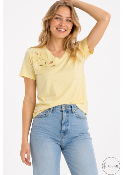 Cassime Kadın Sarı %100 Pamuk Regular/normal Kalıp Çiçek Nakışlı Örme T-shirt