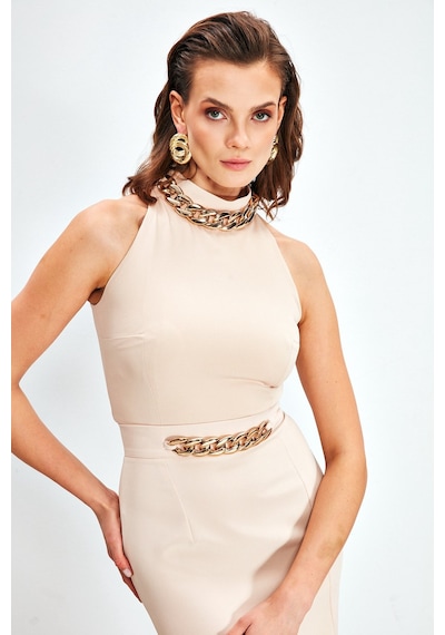Sateen Zincir Aksesuarlı Crop Bluz - Bej