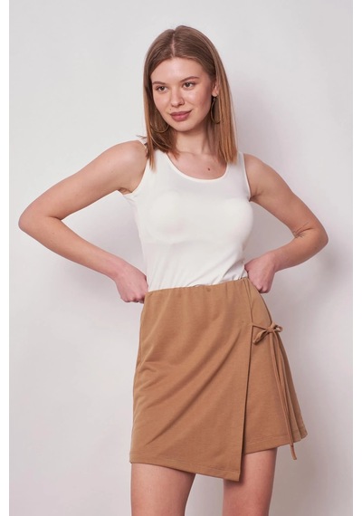 JUMENT Kadın Esnek Modal Karışımlı Beli Lastikli Şort Etek Boy:40cm +-2cm -camel CAMEL