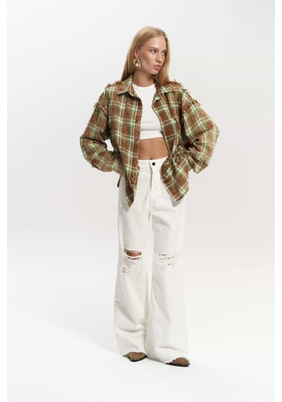 Mai Collection Mai Studios Co. Loma Yıkamalı Oversize Unisex Ekose Kahve Gömlek Kahve