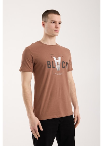 Maximodena Erkek Tipografi Detaylı Modern T-shirt - Kahverengi