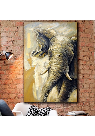 Eskitme Sarı Tonda Fil Kanvas Tablo