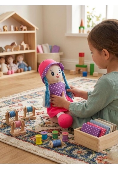 Fatma Bebek 48cm Büyük Puantiye Desenli Elbiseli Ve Şapkalı El Yapımı Oyuncak Bez Bebek Pembe