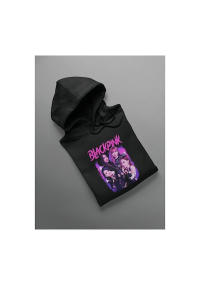 Magors Stıl-x Blackpınk Baskılı Oversıze, Pamuklu, Kapüşonlu Sweatshırt Siyah