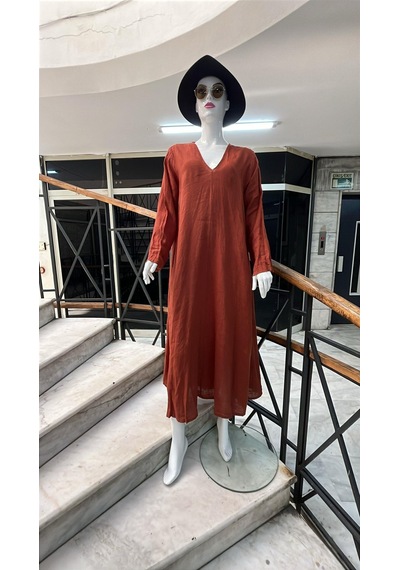Bohem Stil İtalyan V Yaka Uzun Kol Keten Elbise-8907 Tarçın Bohem Stil İtalyan V Yaka Uzun Kol Keten Elbise-8907 Tarçın