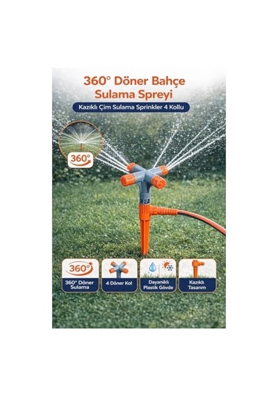 360 Döner Bahçe Sulama Fıskiyesi, 4 Kollu Otomatik Sprinkler, Kazıklı Tasarım, Geniş Alan Kaplama