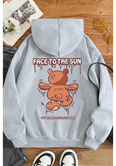 Uyguntarz Unisex Face To The Sun Baskılı Sweatshirt Gri