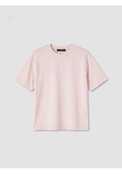Lcw Comfort Pembe Boncuk İşlemeli Soft Touch Kadın Tişört