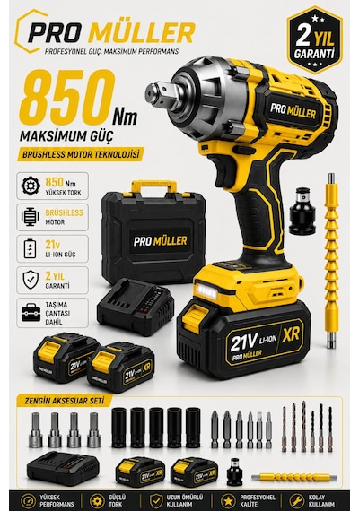 Pro Müller Profesyonel 21v Çift Akülü 850nm Torklu Bl Motor Şarjlı Darbeli Somun Sıkma Sökme Makinesi Setli