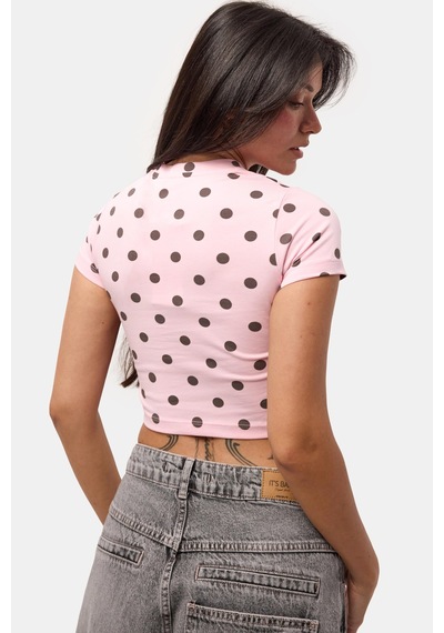 Kadın Pembe Puantiyeli S6-98 Crop Fit T-shirt
