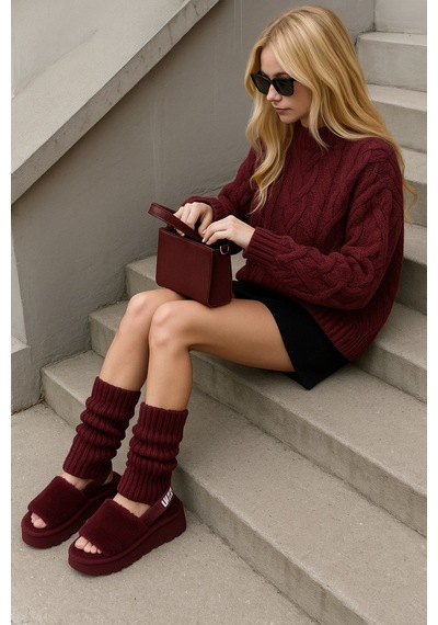 Ozzy Socks Tozluk Akrilik Triko Örgü Leg Warmer Ayak Isıtıcı Bordo Bordo