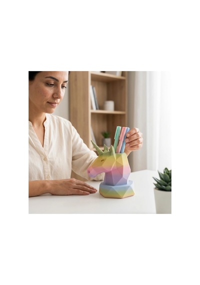 Geometrik Tasarım Pastel Gökkuşağı Unicorn Kalemlik Ve Masaüstü Organizer Diğer